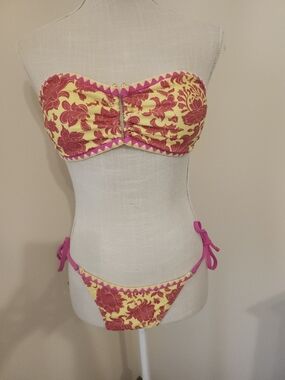 Yellow & Fuschia Floral Strapless Bikini Set
